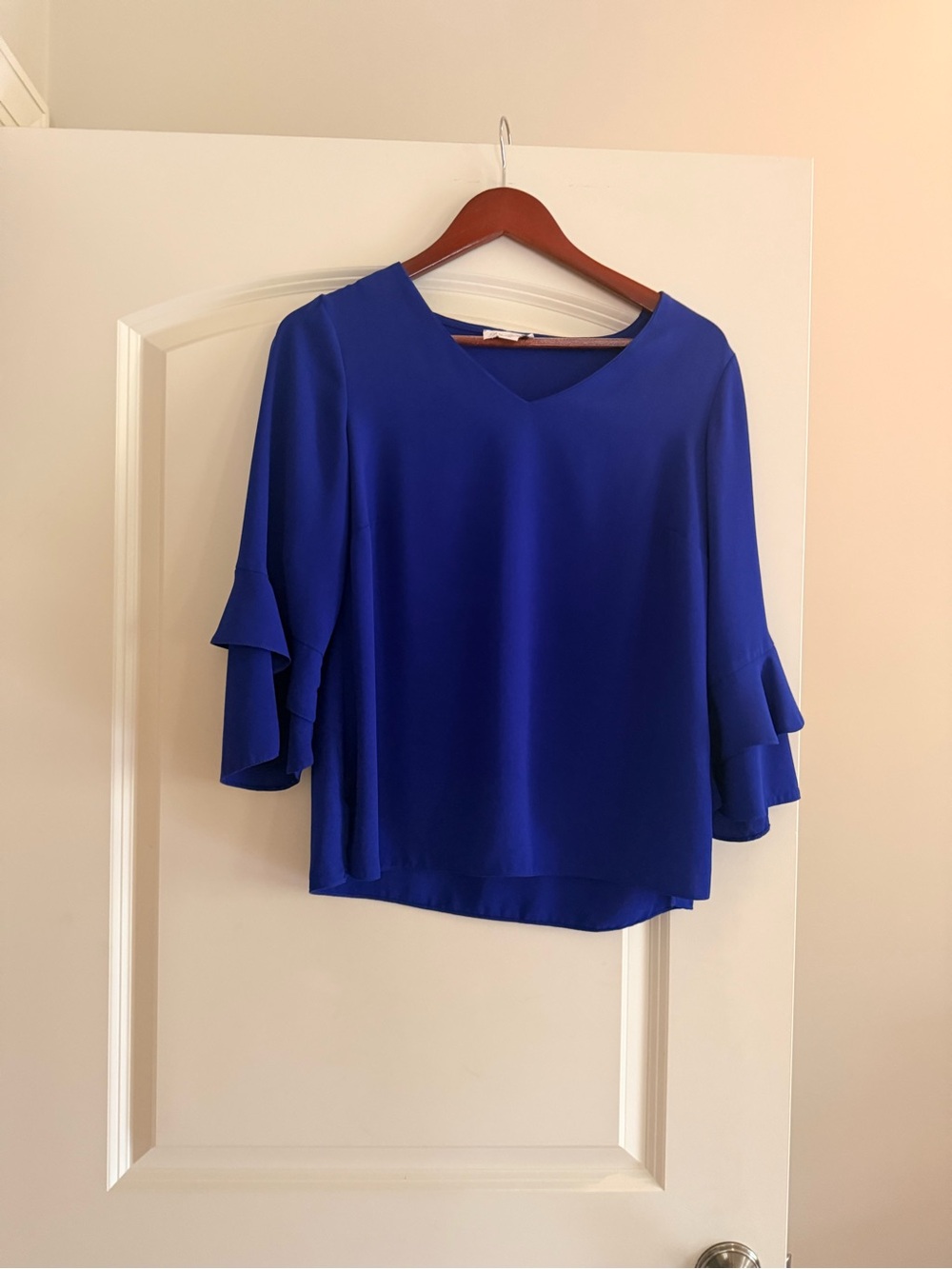 Jaclyn Smith Cobalt Blue V-Neck Ruffle Sleeve Blouse